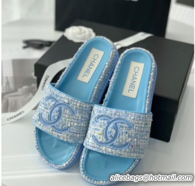 Sumptuous Chanel CC Tweed Flat Slide Sandals Blue 070192