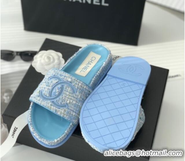 Sumptuous Chanel CC Tweed Flat Slide Sandals Blue 070192