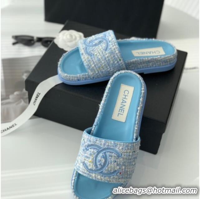 Sumptuous Chanel CC Tweed Flat Slide Sandals Blue 070192