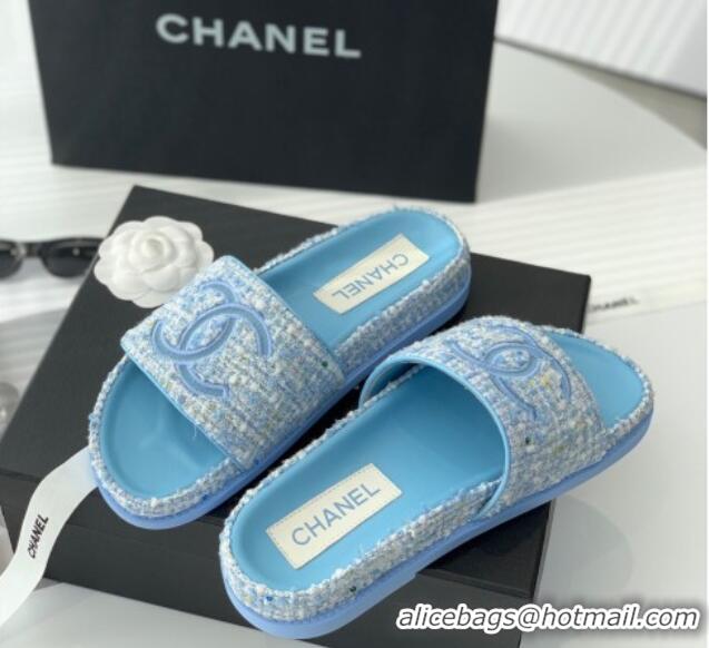 Sumptuous Chanel CC Tweed Flat Slide Sandals Blue 070192