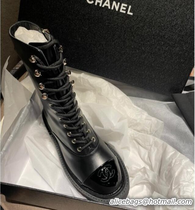 Fashion Chanel Calfskin Lace-ups Ankle Boots Black 070485