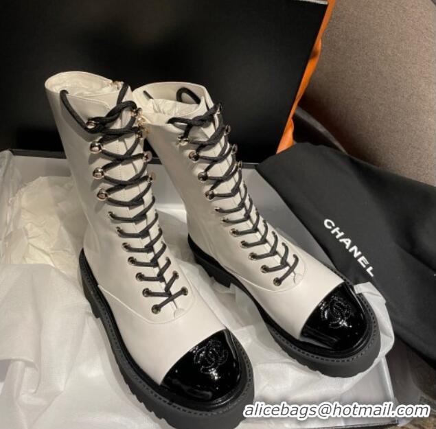 Stylish Chanel Calfskin Lace-ups Ankle Boots White 070486