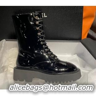 Durable Chanel Patent Leather Lace-ups Ankle Boots Black 2070487