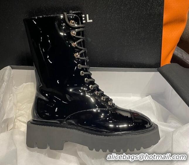 Durable Chanel Patent Leather Lace-ups Ankle Boots Black 2070487