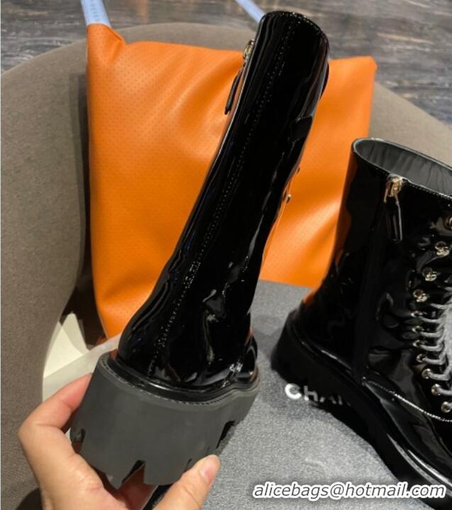 Durable Chanel Patent Leather Lace-ups Ankle Boots Black 2070487