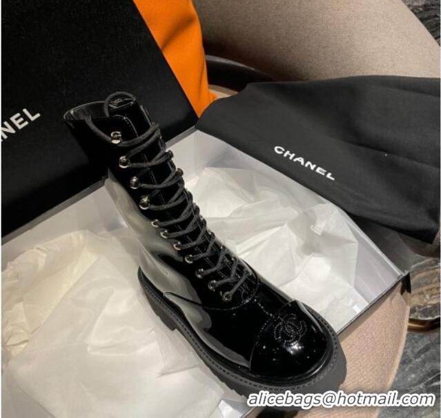 Durable Chanel Patent Leather Lace-ups Ankle Boots Black 2070487