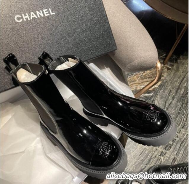 Best Grade Chanel Patent Leather Slip-on Ankle Boots Black 070489