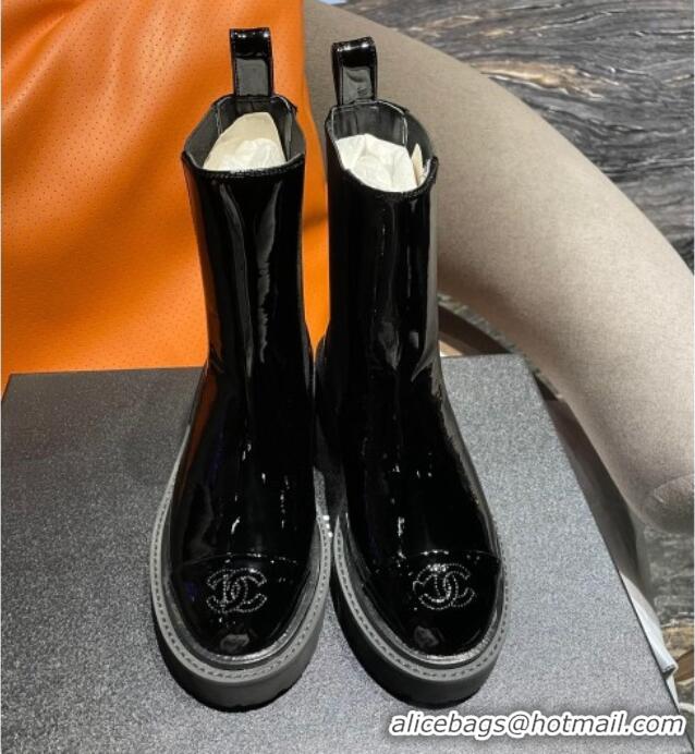 Best Grade Chanel Patent Leather Slip-on Ankle Boots Black 070489