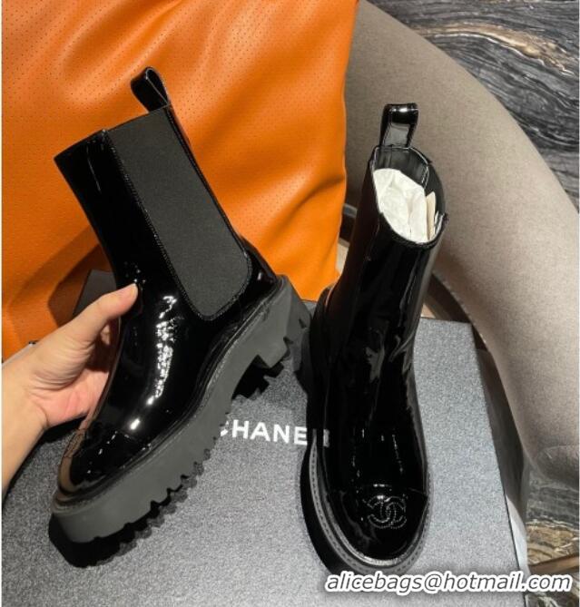 Best Grade Chanel Patent Leather Slip-on Ankle Boots Black 070489