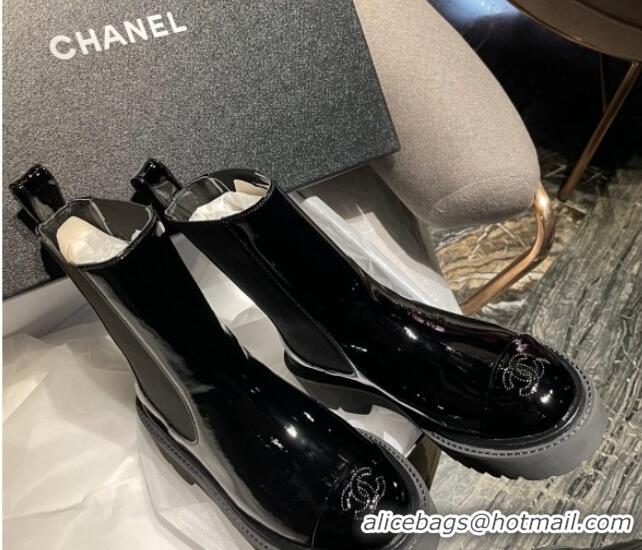 Best Grade Chanel Patent Leather Slip-on Ankle Boots Black 070489