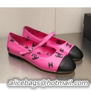 Luxury Chanel CC Print Lambskin Mary Janes Flat Dark Pink 704106