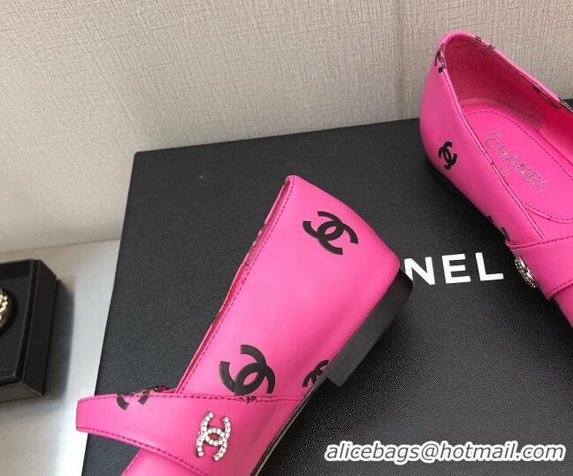 Luxury Chanel CC Print Lambskin Mary Janes Flat Dark Pink 704106