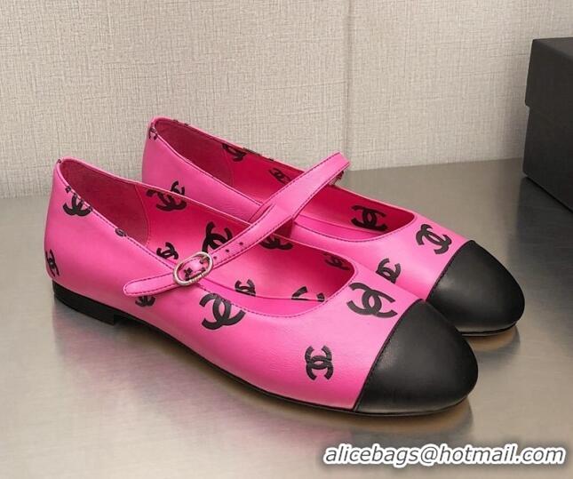 Luxury Chanel CC Print Lambskin Mary Janes Flat Dark Pink 704106