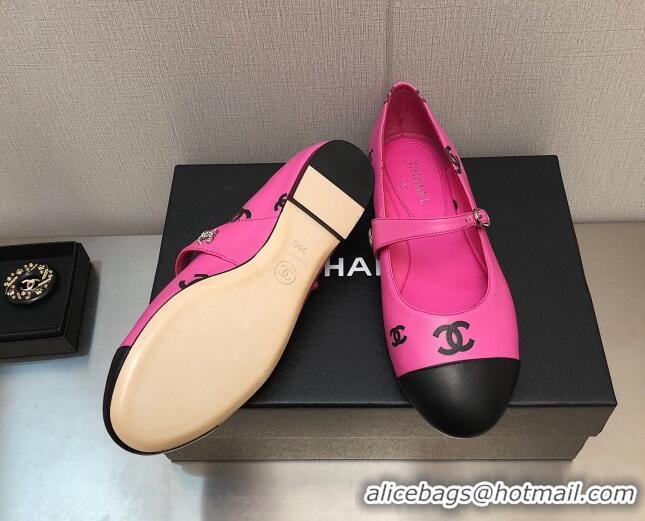 Luxury Chanel CC Print Lambskin Mary Janes Flat Dark Pink 704106