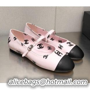 Low Price Chanel CC Print Lambskin Mary Janes Flat Light Pink 0704107