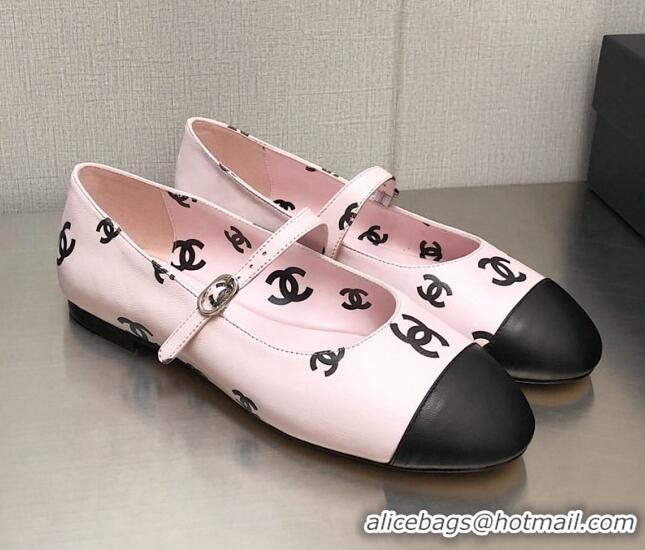 Low Price Chanel CC Print Lambskin Mary Janes Flat Light Pink 0704107