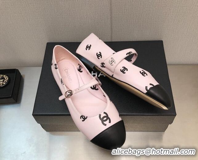 Low Price Chanel CC Print Lambskin Mary Janes Flat Light Pink 0704107