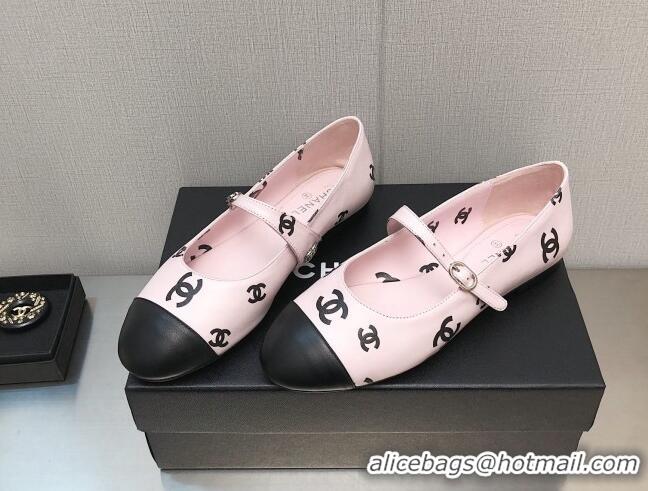 Low Price Chanel CC Print Lambskin Mary Janes Flat Light Pink 0704107