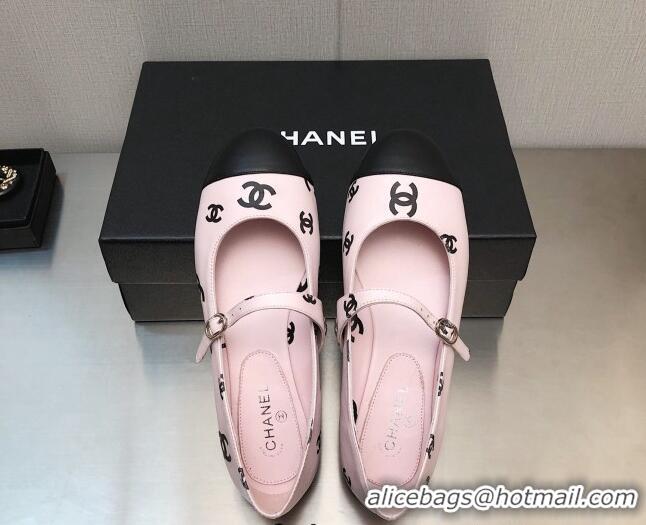 Low Price Chanel CC Print Lambskin Mary Janes Flat Light Pink 0704107