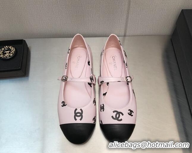 Low Price Chanel CC Print Lambskin Mary Janes Flat Light Pink 0704107