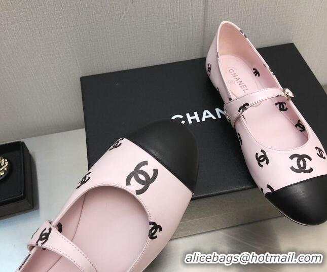 Low Price Chanel CC Print Lambskin Mary Janes Flat Light Pink 0704107