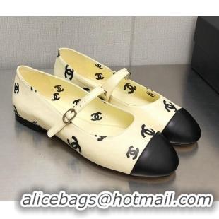 Best Grade Chanel CC Print Lambskin Mary Janes Flat Yellow 0704108