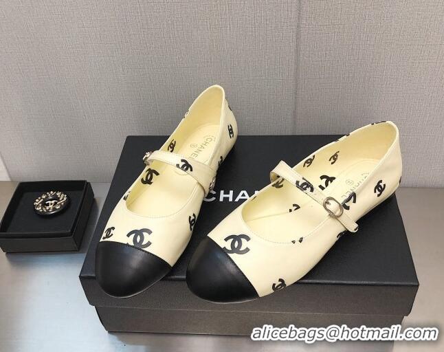 Best Grade Chanel CC Print Lambskin Mary Janes Flat Yellow 0704108