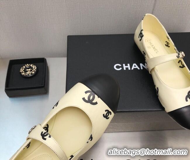 Best Grade Chanel CC Print Lambskin Mary Janes Flat Yellow 0704108