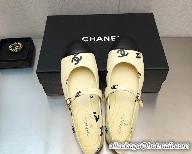 Best Grade Chanel CC Print Lambskin Mary Janes Flat Yellow 0704108