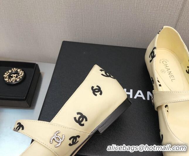 Best Grade Chanel CC Print Lambskin Mary Janes Flat Yellow 0704108