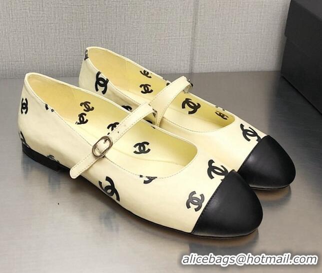 Best Grade Chanel CC Print Lambskin Mary Janes Flat Yellow 0704108