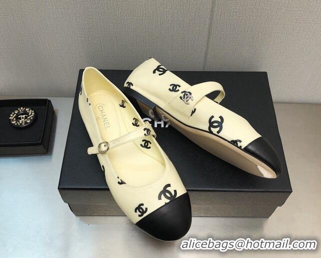 Best Grade Chanel CC Print Lambskin Mary Janes Flat Yellow 0704108