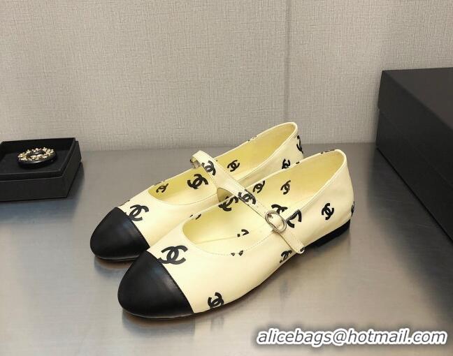 Best Grade Chanel CC Print Lambskin Mary Janes Flat Yellow 0704108