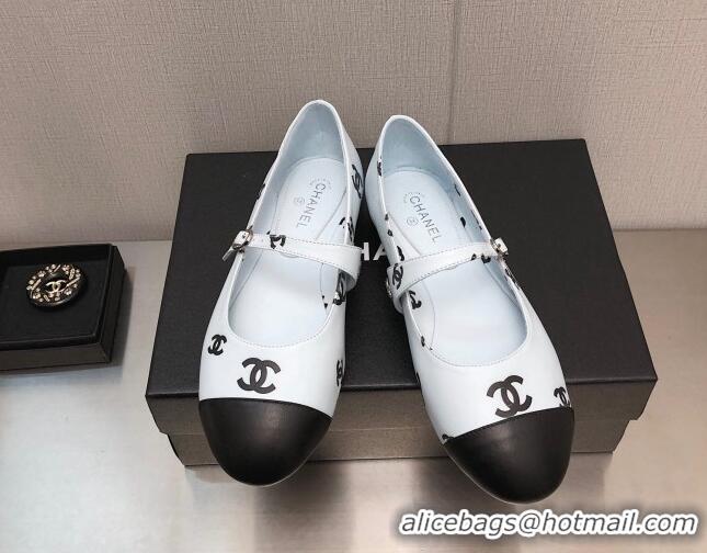 Best Price Chanel CC Print Lambskin Mary Janes Flat Light Blue 704109