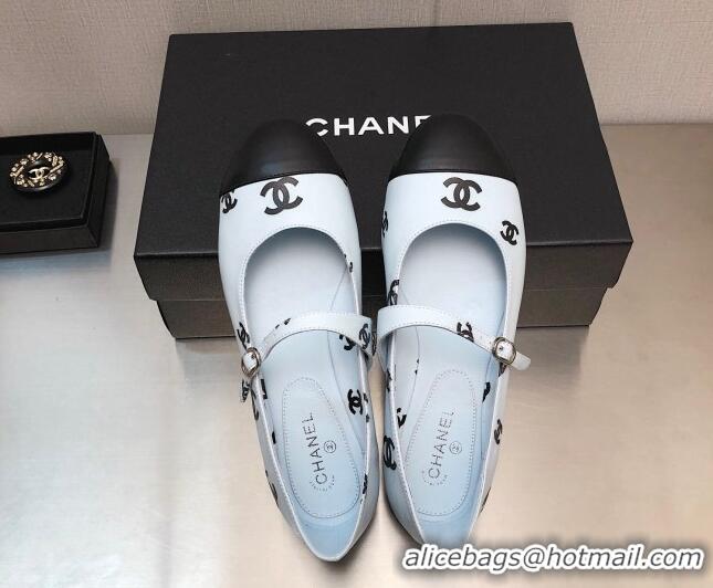 Best Price Chanel CC Print Lambskin Mary Janes Flat Light Blue 704109