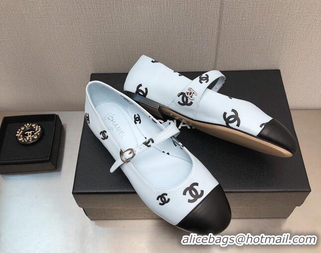 Best Price Chanel CC Print Lambskin Mary Janes Flat Light Blue 704109