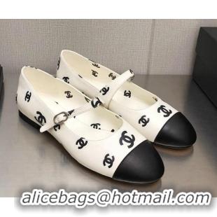 Pretty Style Chanel CC Print Lambskin Mary Janes Flat White 704110