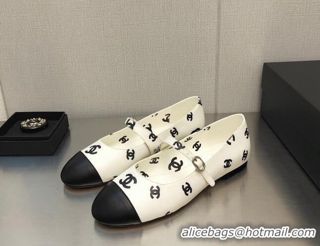 Pretty Style Chanel CC Print Lambskin Mary Janes Flat White 704110