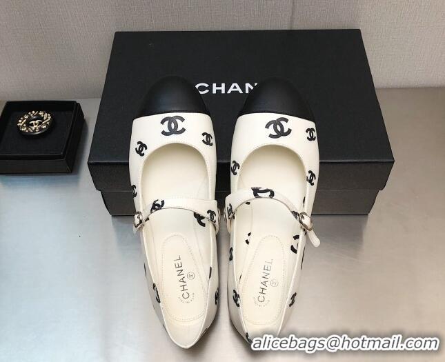 Pretty Style Chanel CC Print Lambskin Mary Janes Flat White 704110