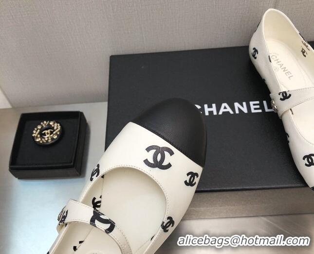 Pretty Style Chanel CC Print Lambskin Mary Janes Flat White 704110