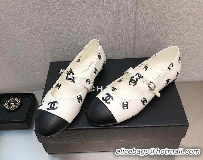 Pretty Style Chanel CC Print Lambskin Mary Janes Flat White 704110