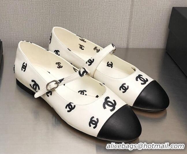 Pretty Style Chanel CC Print Lambskin Mary Janes Flat White 704110