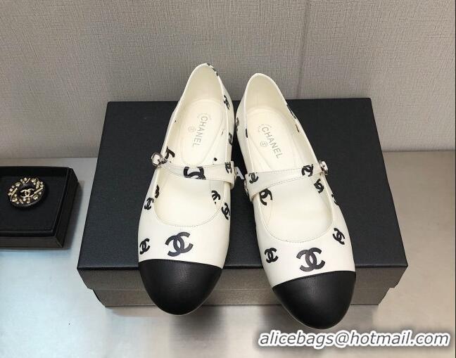 Pretty Style Chanel CC Print Lambskin Mary Janes Flat White 704110