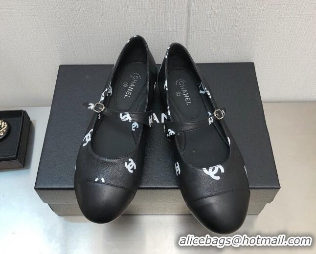 Feminine Chanel CC Print Lambskin Mary Janes Flat Black 704111