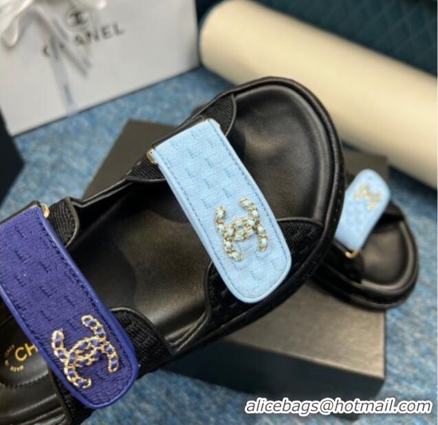 Unique Style Chanel Knitwear Strap Flat Sandals G35927 Black/Blue 706139