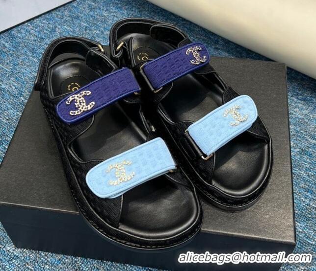 Unique Style Chanel Knitwear Strap Flat Sandals G35927 Black/Blue 706139