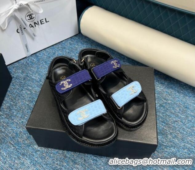 Unique Style Chanel Knitwear Strap Flat Sandals G35927 Black/Blue 706139