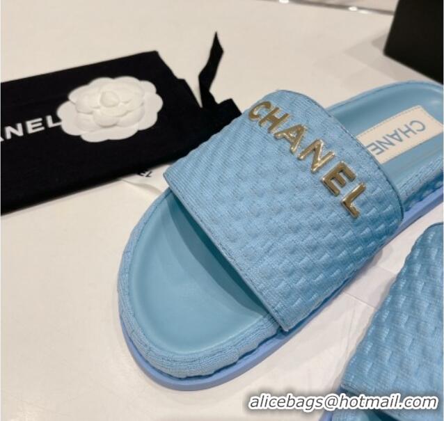 Luxury Chanel Tweed Flat Slide Sandals Blue 071801