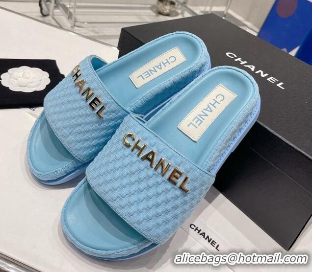 Luxury Chanel Tweed Flat Slide Sandals Blue 071801