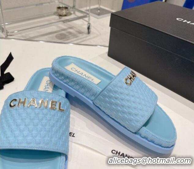 Luxury Chanel Tweed Flat Slide Sandals Blue 071801